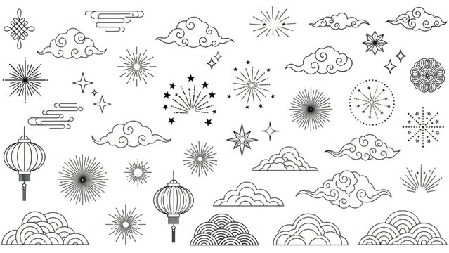Chinese Cloud Lantern Starburst Line Art Ornament Vector Set