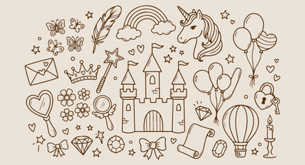 Minimal hand drawn fairytale unicorn pattern, cute cartoon princess castle line illustration, hand drawn magic wand crown doodle background, expressive strokes rainbow seamless art, fantasy wonderland © pankaj