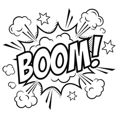 Boom comic book text effect with explosion clouds and stars in retro pop art style graphics. © Amina