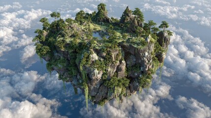 Lush green island floats serenely amongst soft, white clouds