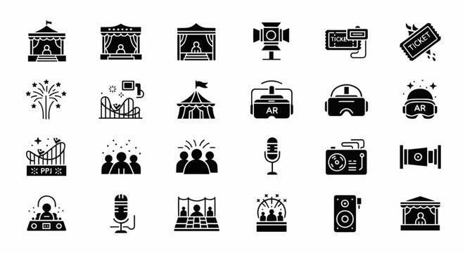 Set of entertainment and event icons, including stages, rides, and audio equipment