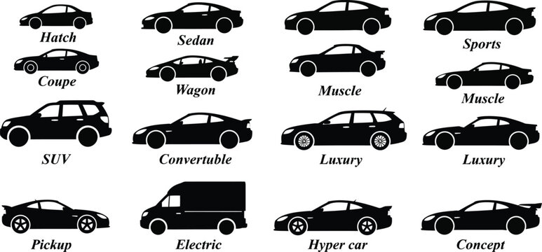Collection of various car types and models  silhouettes