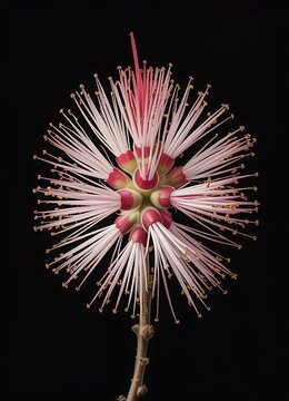 A unique macro photograph of a plant blooming with intricate detail and complexity