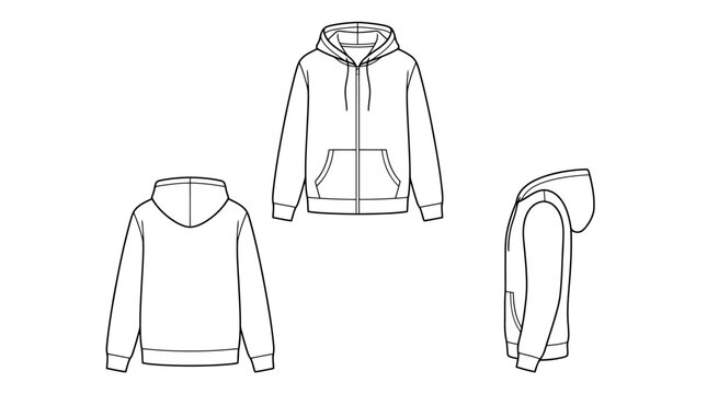 Blank zip up hoodie mock up template front back and side view casual wear clothing apparel design isolated.