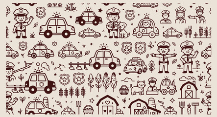Minimal hand drawn city vehicles pattern, cute cartoon police car line illustration, hand drawn ambulance trees doodle background, expressive strokes town seamless art, transportation safety black lin © pankaj