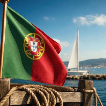Portuguese flag unfurling by the sea with sailboat in background