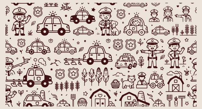 Minimal hand drawn city vehicles pattern, cute cartoon police car line illustration, hand drawn ambulance trees doodle background, expressive strokes town seamless art, transportation safety black lin