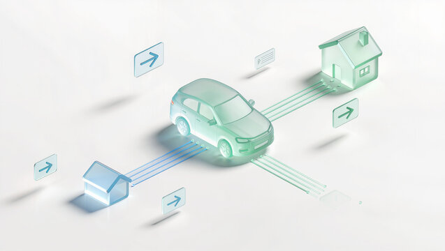 Electric vehicle bidirectional charging concept with glass car connecting to house and storage unit, V2H V2G energy flow infographic with arrow icons on white minimal background