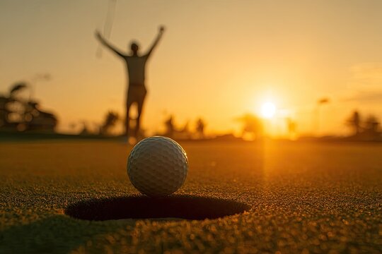Golfer celebrates victory as ball sinks into the cup at sunset