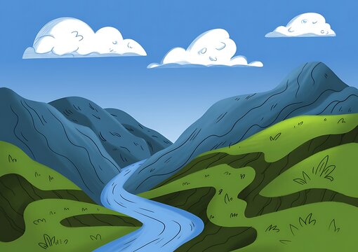 A stylized picturesque landscape of mountains and river flowing under a blue sky