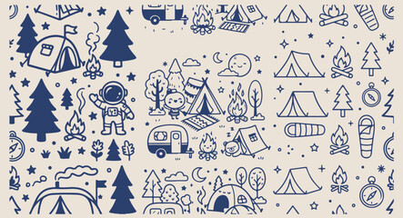 Minimal hand drawn camping adventure pattern, cute cartoon camper van line illustration, hand drawn campfire tent doodle background, expressive strokes mountains seamless art, outdoor travel gear blac © pankaj