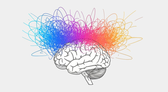 Abstract colorful lines exploding from a human brain illustration
