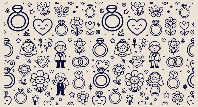 Minimal hand drawn wedding celebration pattern, cute cartoon bride groom line illustration, hand drawn diamond ring doodle background, expressive strokes hearts seamless art, marriage party black line