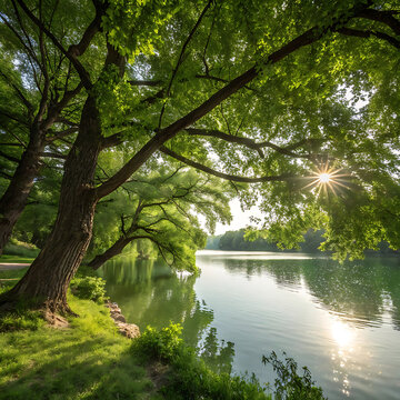 Sunlight filtering through green tree branches over water