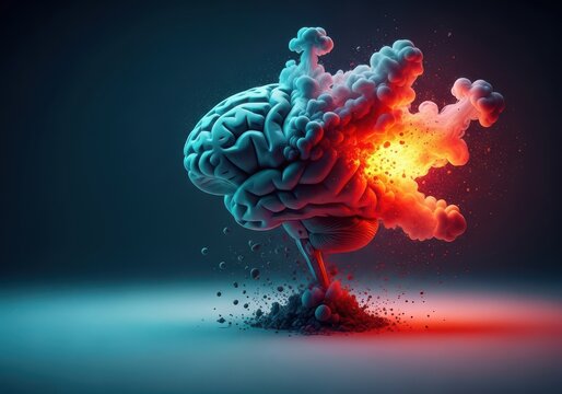 Human brain exploding with colorful smoke and energy representing intense thought and creativity