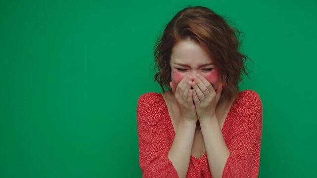 Female blushing in embarrassment after being caught in a funny situation