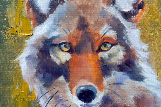 Ritratto espressivo di coyote selvatico in stile pittura a olio moderna, arte faunistica con pennellate materiche e colori caldi autunnali.