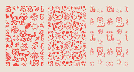 Tiger face pattern, cute wild cat illustration, minimalist jungle line art, modern zoo vector print, isolated tiger sketch, premium animal doodle texture, adorable cat background, artistic nursery des © pankaj