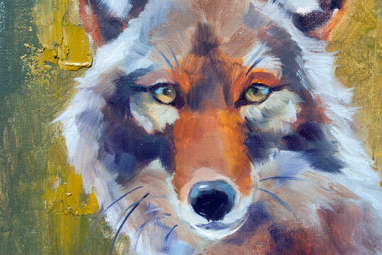 Ritratto espressivo di coyote selvatico in stile pittura a olio moderna, arte faunistica con pennellate materiche e colori caldi autunnali.