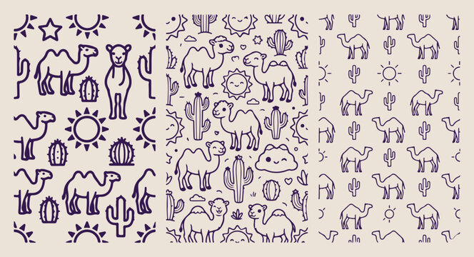 Camel desert travel pattern set, exotic animal doodle sketch, minimalist camel line art, clean travel illustration design, monoline desert vector art, isolated desert graphic asset, premium nature tex