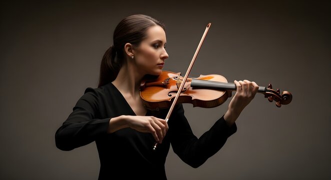 Woman playing the violin with passion.