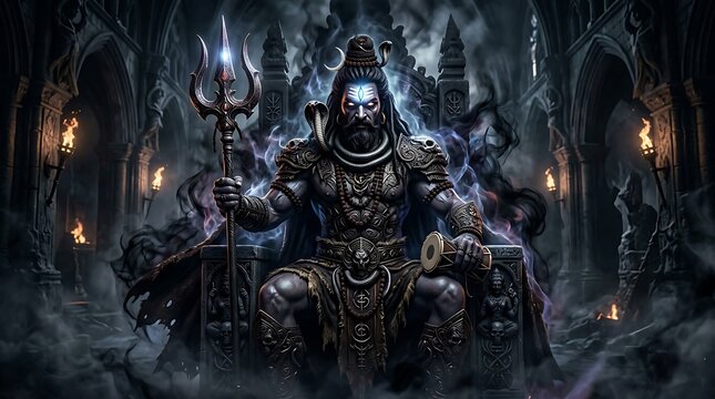 Mighty Deity Seated on Stone Throne in Dark Mystical Temple Chamber