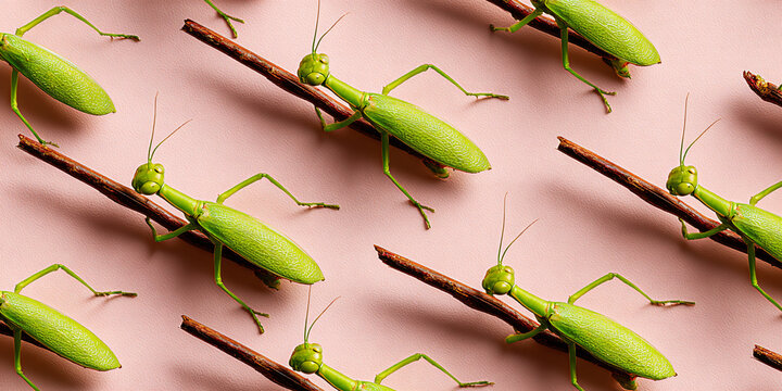 Stick Insects Green and Brown Seamless Pattern on Pink Wall