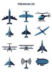 Aviation and Aircraft Icon Set: Flat Vector Illustrations of Commercial Planes, Military Fighter Jets, Helicopter, Glider, Biplane, and Zeppelin for Travel and Aerospace Design © Juna