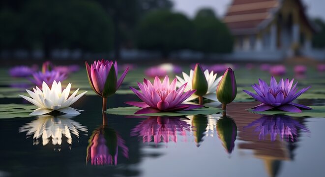 Boun Khao Phansa Background with Glowing Lotus Flowers Reflecting on Calm Still Water, Buddhist Lent Festival Celebration and Spiritual Concept