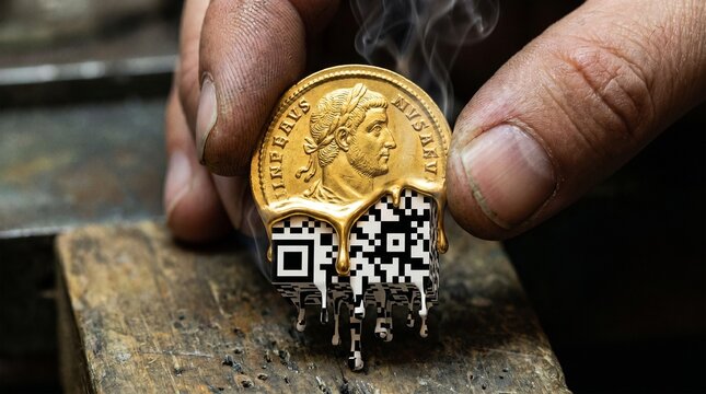 A physical gold coin melting at the edges and reshaping into a 3D QR code. It represents the total transition from physical cash to a digital, blockchain-based economy.