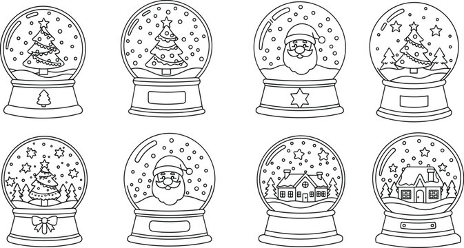 Christmas snow globe outline vector set with Santa Claus, winter village and tree scenes, black and white line art illustration for coloring pages