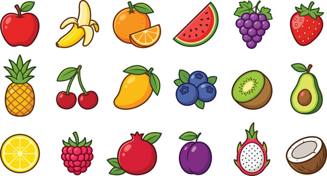 Colorful fruit icon collection with apple banana orange watermelon grape strawberry pineapple kiwi mango and tropical fresh vector illustration set