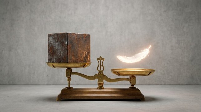 A golden balance scale where one side holds a heavy metal weight and the other holds a single, glowing feather that outweighs it. It represents the power of small, fair actions over brute force.