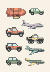 Flat Vector Transportation Set Featuring Off-Road SUVs, Commercial Airplanes, and a Zeppelin Airship © Juna