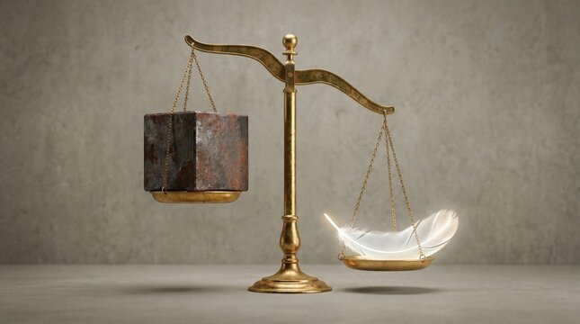A golden balance scale where one side holds a heavy metal weight and the other holds a single, glowing feather that outweighs it. It represents the power of small, fair actions over brute force.