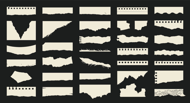 Collection of various torn paper edges and ripped paper textures
