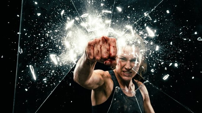 A woman&rsquo;s hand reaching upward and shattering a literal ceiling of dark glass into glowing shards. It represents breaking barriers and achieving gender equality in professional spaces.