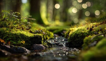 Fototapeta premium Sunlit forest stream meanders through vibrant moss-covered ground