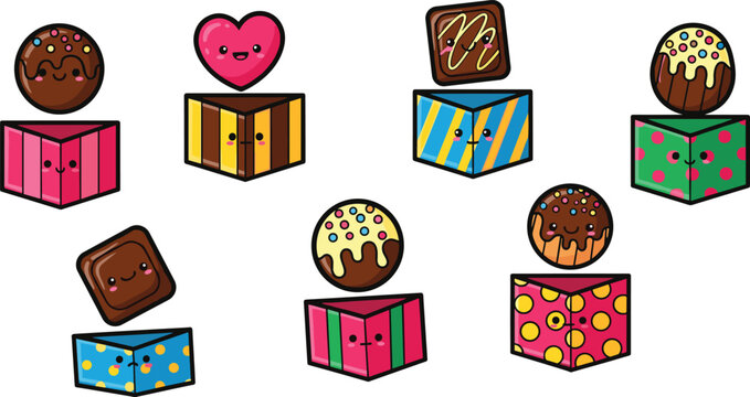 Cute gift box and sweets character collection with chocolate donut heart and candy kawaii style vector illustration set