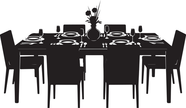 Black silhouette of dining table set for eight people