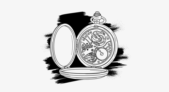 Vintage pocket watch, open face, mechanical interior, black and white illustration, clockwork details