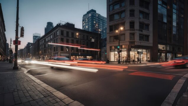 Urban city street at dusk with light trails from passing cars, classic architecture