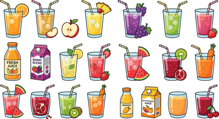Fresh fruit juice collection with colorful drinks glasses bottles cartons citrus berry tropical beverages hand drawn vector illustration set © MdMostafijur
