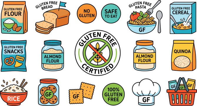 Gluten free food icon collection with flour bread pasta cereal snacks rice almond quinoa and certified labels vector illustration set