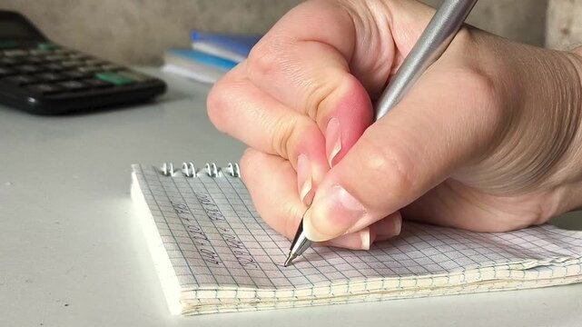 The hand uses a pen to write the numbers in the notebook. Accounting, accounting. A woman counts expenses, dead. Payment of taxes