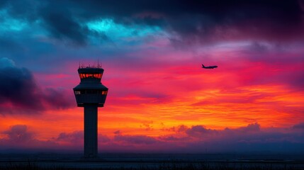 Fototapeta premium Stunning sunset over an airport control tower silhouetted against vibrant clouds with an airplane in the distance creating a dramatic aviation scene