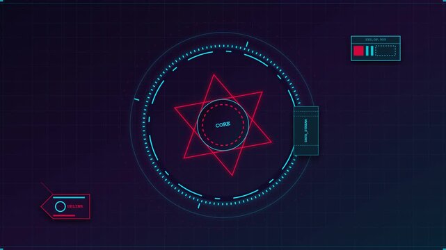 Futuristic HUD interface with rotating circular elements and a red core star on a digital grid background.