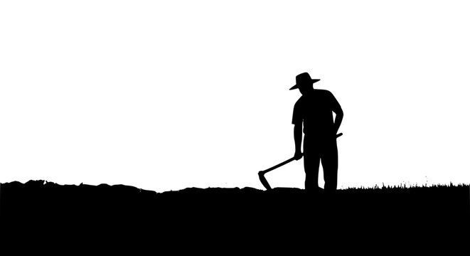 Black silhouette of a farmer working in a field with a hoe