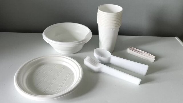 A set of disposable plastic tableware on the table. Dishes for takeaway food in a cafe