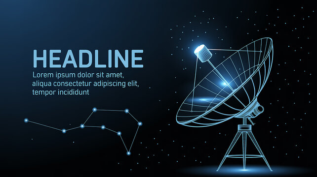 A digital illustration of a large satellite dish against a dark blue background with small white stars